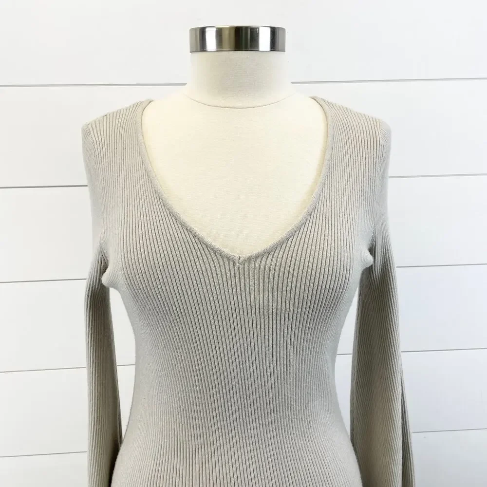 Lulus Womens M Jourdaine Taupe Bell Sleeve Sweater‎ Dress V-Neck Fall Stretchy